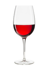 Single glass of red cabernet sauvignon pino noir merlot malbec wine with vibrant red glow isolated on white background