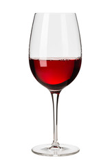 Single glass of red cabernet pino merlot malbec wine with bubbles and deep red glow isolated on...