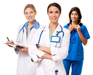 Three women doctors nurses isolated on white background