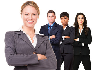 Male businessman and three female businesswomen lawyers team accounting cpa isolated on white...