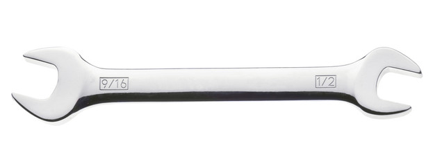 Gleaming silver open end wrench isolated on white background