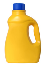 Yellow plastic Laundry detergent bottle with blue cap isolated on white background