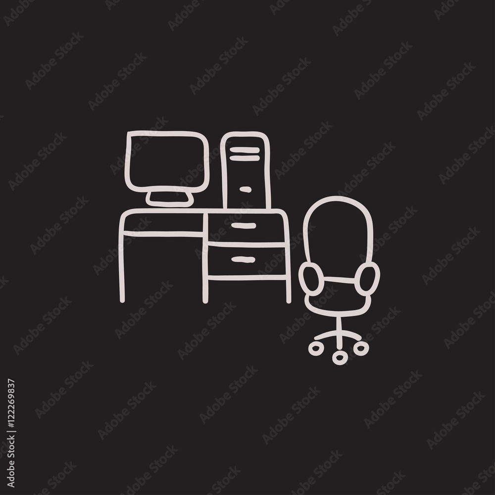 Poster computer set with table and chair sketch icon.