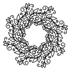 vector, contour illustration, coloring book, frame, wreath of branches, interlacing, leaves, summer, forest, nature, tree, black and white illustration, abstraction, design element