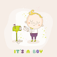 Baby Boy with Mail - Baby Shower or Arrival Card - in vector