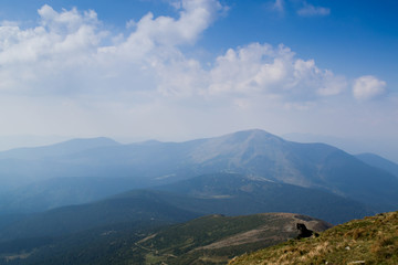 View from the top of the mountain Hoverla, Carpathian Mountains. Hoverla (2061 m) - the highest mountain and the highest peak in the territory of Ukraine.