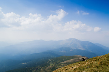 View from the top of the mountain Hoverla, Carpathian Mountains. Hoverla (2061 m) - the highest mountain and the highest peak in the territory of Ukraine.