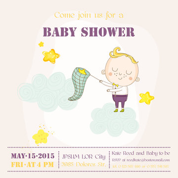 Baby Boy Catching Stars on a Cloud - Baby Shower or Arrival Card