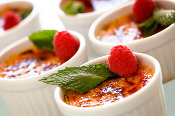 Creme Brulee with raspberry and mint