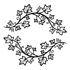 vector, contour illustration, coloring book, frame, wreath of branches, interlacing, leaves, summer, forest, nature, tree, black and white illustration, abstraction, design element