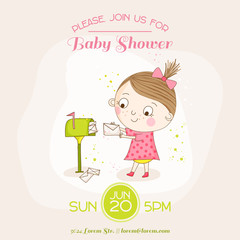 Baby Girl with Mail - Baby Shower or Arrival Card - in vector