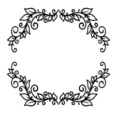 vector, contour illustration, coloring book, frame, wreath of branches, interlacing, leaves, summer, forest, nature, tree, black and white illustration, abstraction, design element