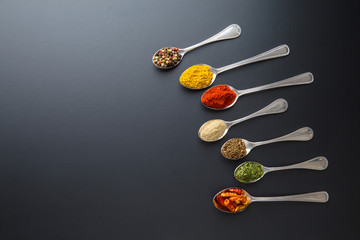 Various spices in spoons.