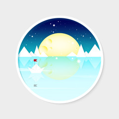 Winter landscape. Circle. Simple forms. Moon, mountains and ship. Sticker. Flat design