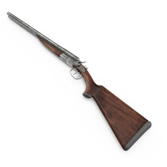 Classic double barreled shotgun with horizontal barrels on white. 3D illustration