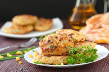 Chicken cutlets with sweet corn and fresh greens