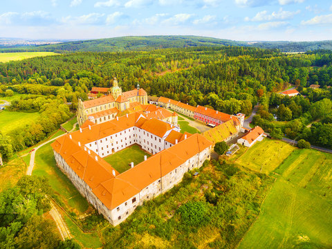 Aerial view of Benedictine monastery in Kladruby founded in 1115. Was renovated, construction was terminated at the 17th Century. It is amazing example of Baroque architecture in Czech Republic.