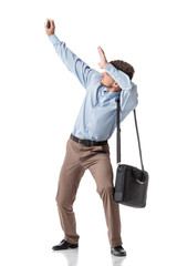 businessman  moving aside and covering hands. 