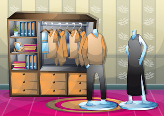 cartoon vector illustration interior clothing room with separated layers in 2d graphic