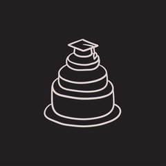 Graduation cap on top of cake sketch icon.