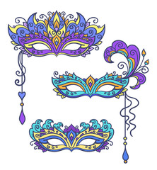 vector, contour, illustration, mask, set, masquerade, opera, coloring book, theater, feathers