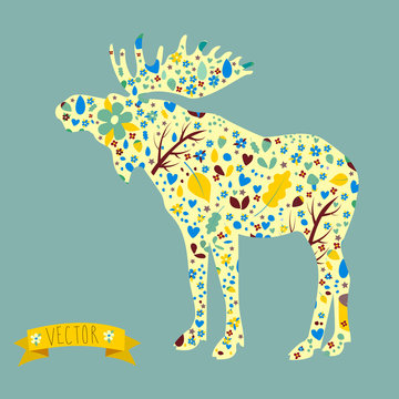 Vector image of a moose with elements berries, plants