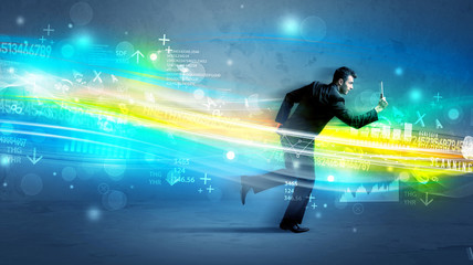 Obraz na płótnie Canvas Business man running in high tech wave concept