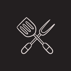 Kitchen spatula and big fork sketch icon.