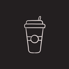 Disposable cup with drinking straw sketch icon.