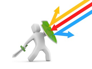 Defender with shield and sword - reflects attack. 3d illustration