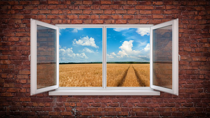 Brick wall with window - and road to horizon. 3d illustration