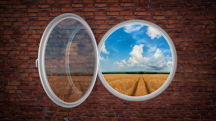 Brick wall with window - and road to horizon. 3d illustration