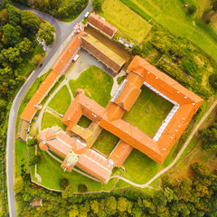 Aerial view of Benedictine monastery in Kladruby. Geomatric pattern from baroque architecture....