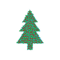 Holly tree clip-art. Vector hand drawn background, design element for Christmas and New Year greeting card or banner. Holly with berry, isolated on white
