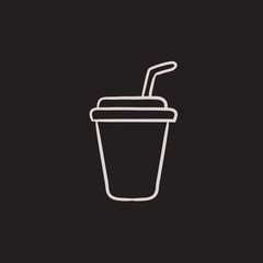 Disposable cup with drinking straw sketch icon.