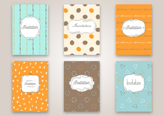 Set of invitation cards with hand drawn patterns. Invite wedding templates or greeting cards.