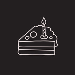 Slice of cake with candle sketch icon.