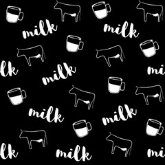 Vector seamless pattern with cups, cows and milk lettering. Background for dairy farm. Vector illustration
