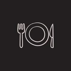 Plate with cutlery sketch icon.