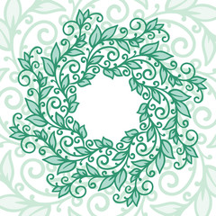 vector, contour illustration, frame, wreath of branches, interlacing, leaves, summer, forest, nature, tree, green and white illustration, abstraction, design element