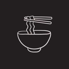 Bowl of noodles with pair chopsticks sketch icon.