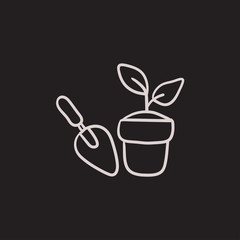 Garden trowel and pot with plant sketch icon.