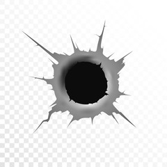 Bullet hole. Isolated on white transparent background. Vector illustration, eps 10.