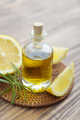 lemon oil in a glass bottle