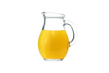 Delicious orange juice in jug isolated on white background