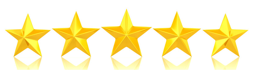 Five shiny golden stars - 3d rendering