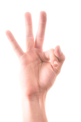 Letter 'F' in sign language, on a white background