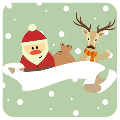 Santa and reindeer in a scarf congratulate, copyspace
