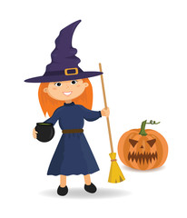Girl in witch costume with broom in hand. Halloween.
