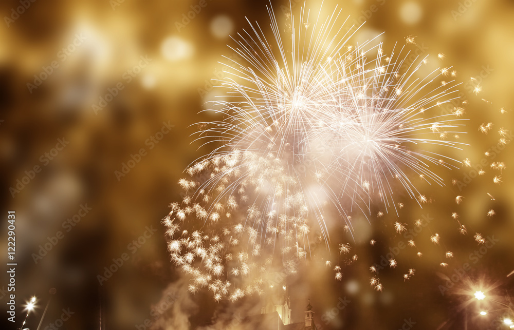 Poster Abstract holiday background - fireworks at New Year and copy spa